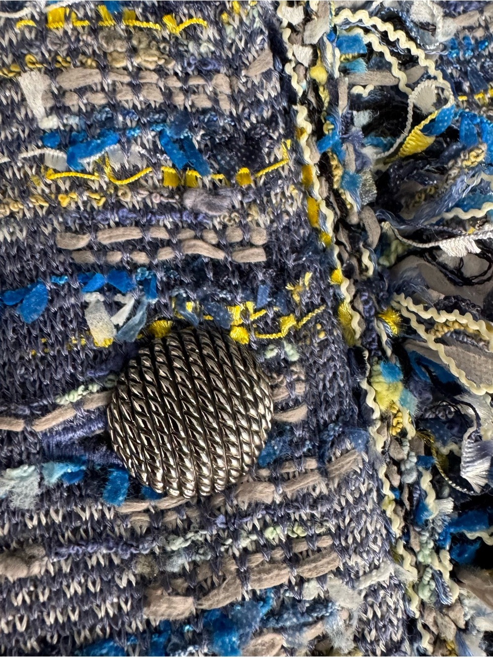 ST.JOHN Women's Tweed Blue Yellow White Gray Fringed Jacket Sz 12 - Picture 7 of 8